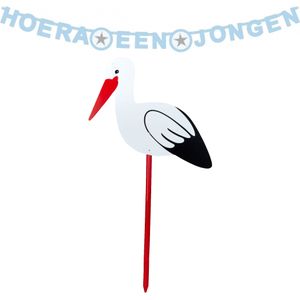 Geboorte versiering jongen - ooievaar geboortebord - 100 cm hoog - vlaggenlijn blauw - letterslinger