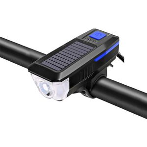 FlinQ Solar Fietsverlichting - Oplaadbare USB Led Fietslamp - Inclusief bel - Waterdicht - 3 Lichtstanden - Zwart/Blauw