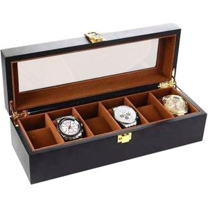 Luxe Houten Horloge Box - Geschikt voor Horloges en Sieraden - 6 Compartimenten met 6 Kussentjes - Bruin