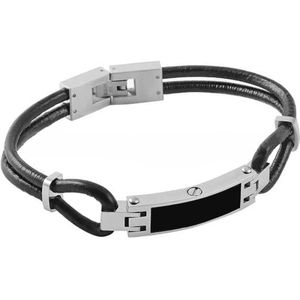As armband met 2 smalle ronde leren bandjes met zwart gekleurde RVS plaat