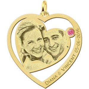 Gouden hartjes hanger met foto en geboortesteen