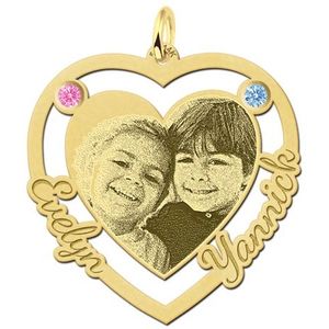 Gouden hart hanger met foto en geboortestenen