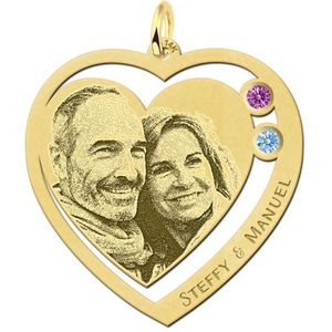 Gouden hartjes hanger met foto en geboortestenen