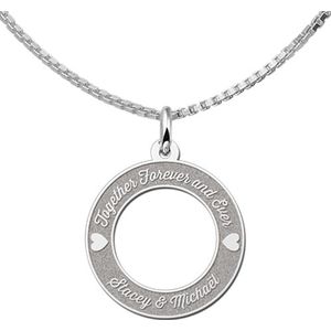 Zilveren ketting hanger rond met twee hartjes