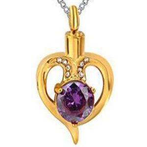 RVS ashanger hart goudkleurig met paars steentje