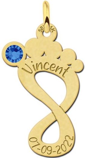 Gouden baby voet hanger met geboortesteen en gravure
