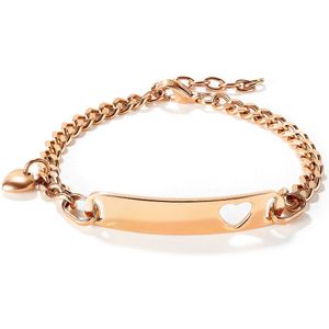 Rosé stalen plaatarmband met uitgesneden hartje en hartjes bedel