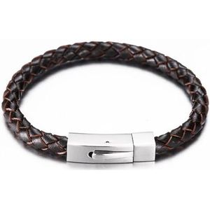 Rond gevlochten bruin leren armband