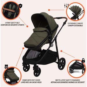 Baninni Nelia - Kinderwagen - 3in1- Luxe combi Kinderwagen met i-Size Autostoel, XL zonnekap & boodschappenmand - Groen (geschikt van 0-22kg)