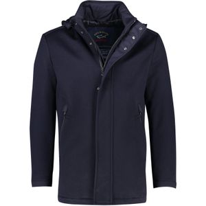 Paul & Shark winterjas donkerblauw effen rits + knoop wijde fit wol afneembare capuchon