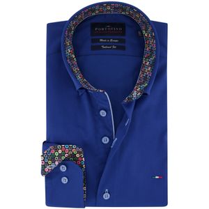 Portofino casual overhemd mouwlengte 7 kraag geprint tailored fit donkerblauw effen katoen