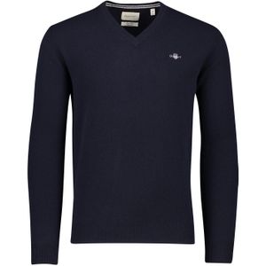 Gant gebreide v-hals trui donkerblauw effen 100% lamswol