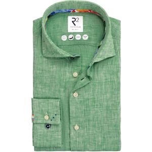 Overhemd R2 slim fit groen gemêleerd linnen