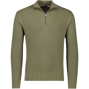 Tommy Hilfiger trui half zip olijfgroen effen gebreid