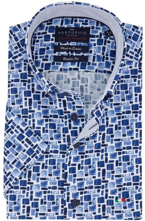 Portofino casual overhemd korte mouw regualr fit blauw wit blokken print katoen