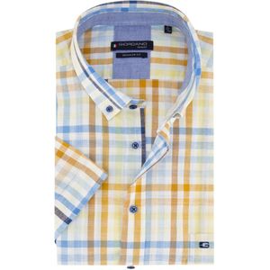 Giordano casual overhemd korte mouw wijde fit blauw en geel geruit katoen