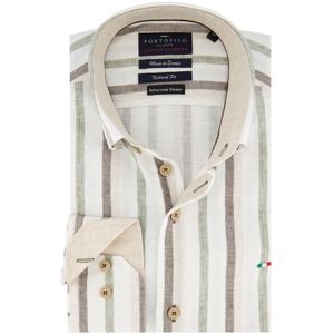 Portofino overhemd beige/wit gestreept linnen button down boord