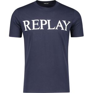 Replay t-shirt donkerblauw effen met opdruk normale fit katoen ronde hals