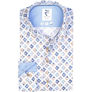 R2 overhemd mouwlengte 7 normale fit wit  blauw geprint katoen