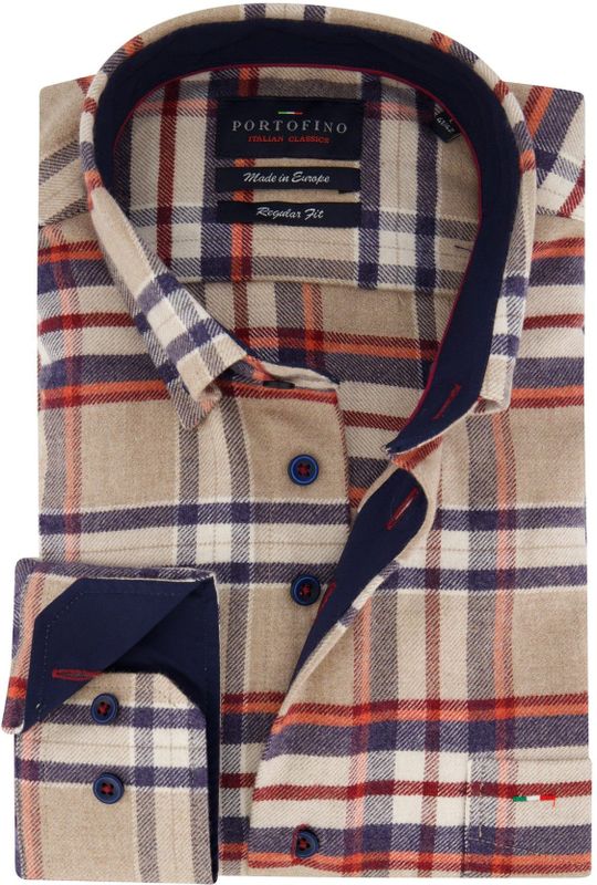 Portofino overhemd regular fit beige geruit katoen