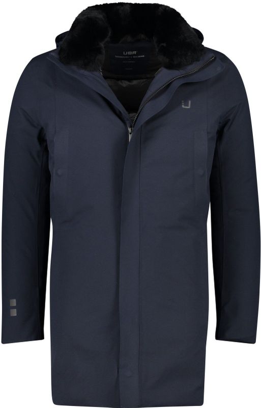UBR winterjas donkerblauw effen rits normale fit afneembare capuchon