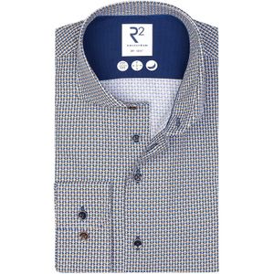 Blauw geprint R2 overhemd mouwlengte 7 modern fit katoen