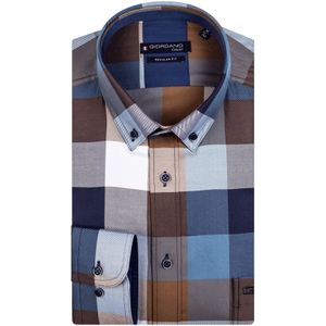 Giordano casual overhemd wijde fit bruin blauw geruit katoen