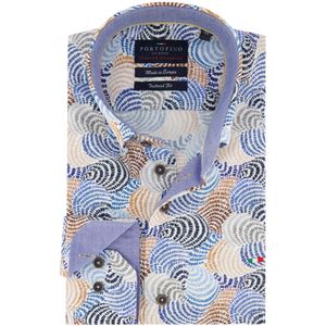 Overhemd Portofino tailored fit blauw bruin geprint katoen