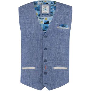 A Fish Named Fred gilet blauw slim fit linnen