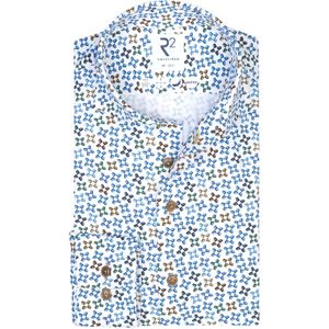 R2 overhemd mouwlengte 7 normale fit blauw bruin geprint katoen