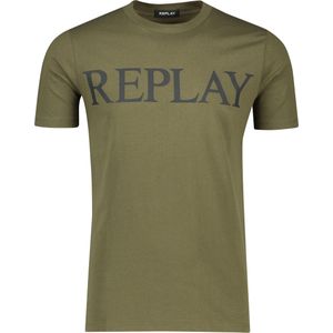 Replay t-shirt donkergroen effen met opdruk normale fit katoen