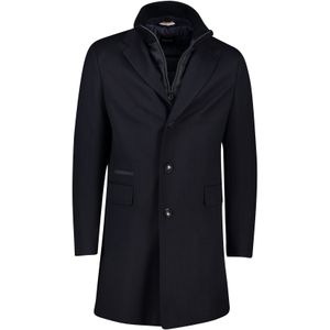 Hugo Boss Black winterjas donkerblauw effen rits + knoop slim fit wol waterafstotend