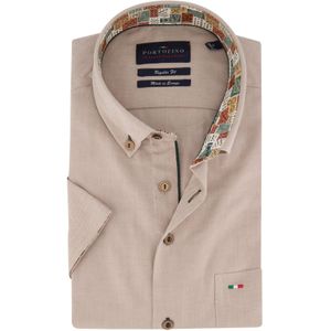 Portofino casual overhemd korte mouw regular fit beige effen katoen kraag geprint