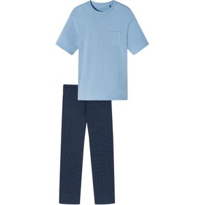 Schiesser pyjama lichtblauw donkerblauw effen katoen