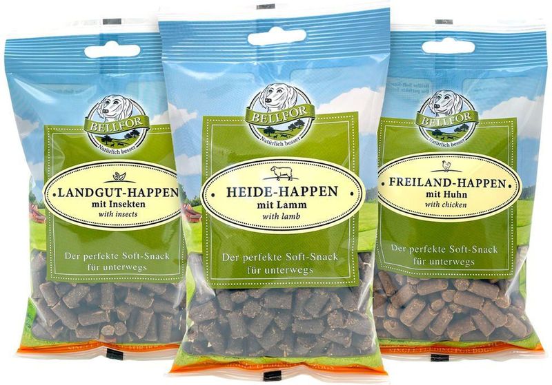 Mix 3 Soft-snacks f&#252;r Hunde - Freiland-Happen mit Huhn + Heide-Happen mit Lamm + Landgut-Happen mit schwarzer Soldatenfliege von Bellfor Hundefut