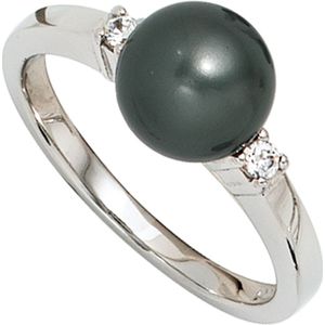 Gr. 50 - Damen Ring 925 Sterling Silber rhodiniert 2 Zirkonia Perlenring Silberring