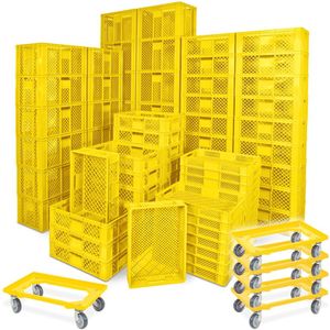 78 St&#252;ck Stapelk&#246;rbe B&#228;ckerk&#228;sten in 5 Gr&#246;&#223;en, Grundma&#223; LxB 600x400 mm, Farbe gelb + 5x Transportroller, gelb, Rollbrett, Transportwagen, Kunststoffkiste, Beh&#228;lter, Transportkiste, Rollwagen
