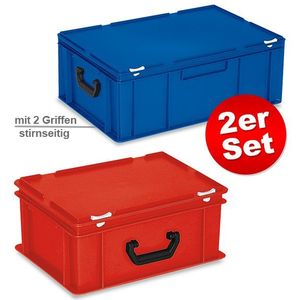 2er-Set Ger&#228;tekoffer Eurokoffer, 1x LxBxH 600x400x230 mm, 43 Liter, blau + 1x LxBxH 400x300x180 mm, 16 Liter, rot, Kunststoffkiste, Beh&#228;lter, Transportkiste