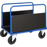 Kongamek Plattformwagen in blau 1200x800x900mm mit MDF-Platte und 2 stirnseitigen W&#228;nden mit Gummibereifung und Bremse
