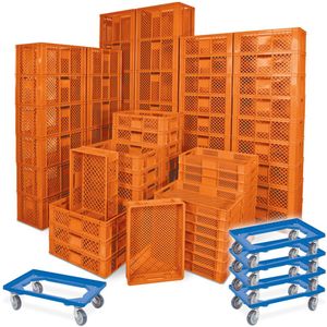 78 St&#252;ck Stapelk&#246;rbe B&#228;ckerk&#228;sten in 5 Gr&#246;&#223;en, Grundma&#223; LxB 600x400 mm, Farbe orange + 5x Transportroller, blau, Rollbrett, Transportwagen, Kunststoffkiste, Beh&#228;lter, Transportkiste, Rollwagen