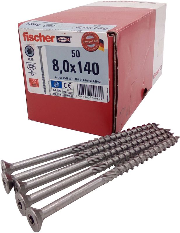 50x fischer Spanplattenschrauben 8,0x140 Power Fast A2 TX Senkkopf Teilgewinde