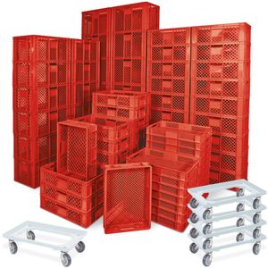 78 St&#252;ck Stapelk&#246;rbe B&#228;ckerk&#228;sten in 5 Gr&#246;&#223;en, Grundma&#223; LxB 600x400 mm, rot + 5x Transportroller, wei&#223;, Rollbrett, Transportwagen, Kunststoffkiste, Beh&#228;lter, Transportkiste, Rollwagen