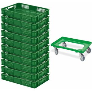 10 Eurobeh&#228;lter, LxBxH 600x400x90 mm, Industriequalit&#228;t, lebensmittelecht + 1 Transportroller, gr&#252;n, Rollbrett, Transportwagen, Logistikroller, Rollwagen