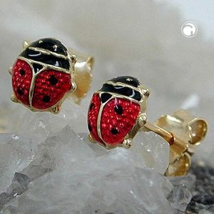 Ohrstecker Ohrring 6mm Marienk&#228;fer rot-schwarz lackiert 9Kt GOLD