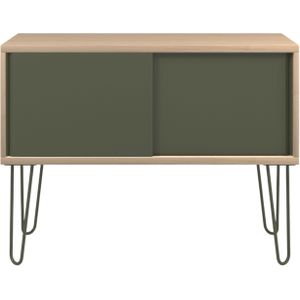Bisley MultiRange Sideboard in Eiche-Olivgr&#252;n - B&#252;roschrank mit Schiebet&#252;ren 100cm breit, Retro-Design Kommode aus Holz &amp; Metall, Schrank f&#252;r Ordner, B&#252;cher &amp; B&#252;ro-Material