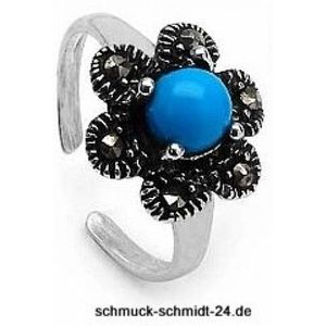 Zehenring Fu&#223;schmuck Blume Bl&#252;te-T&#252;rkis schwarzer ONYX-Silber Rhodiniert
