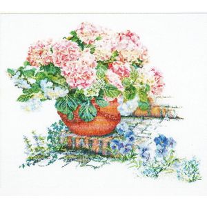 Thea Gouverneur Kreuzstich Stickpackung ""Hortensien und Stiefm&#252;tterchen Aida"", Z&#228;hlmuster, 45x50cm