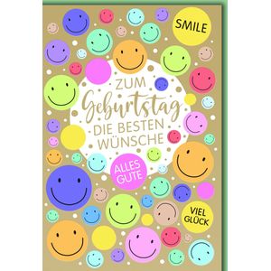 Geburtstag Gl&#252;ckwunschkarte mit Briefumschlag Bunte Smileys auf Gold