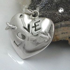 Anh&#228;nger 21x21mm Herz mit Pfeil und Inschrift - LOVE - gl&#228;nzend rhodiniert Silber 925