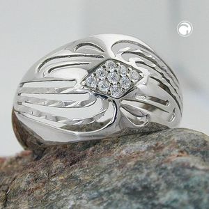 Gr. 58 - Ring 12mm mit Zirkonias gl&#228;nzend diamantiert rhodiniert Silber 925 Ringgr&#246;&#223;e 58